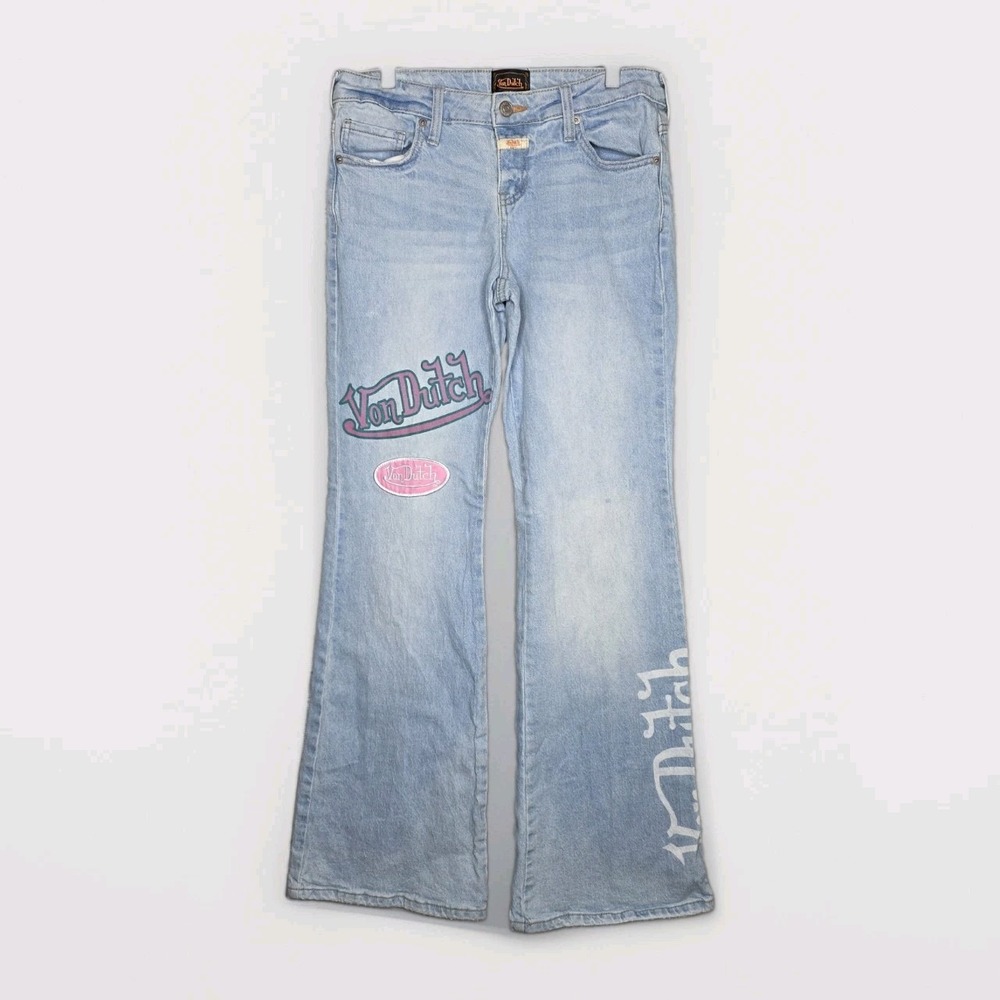 Von Dutch Women's Wide Leg Baggy Y2K Jeans Size 26 Embroidered Logo Graphic